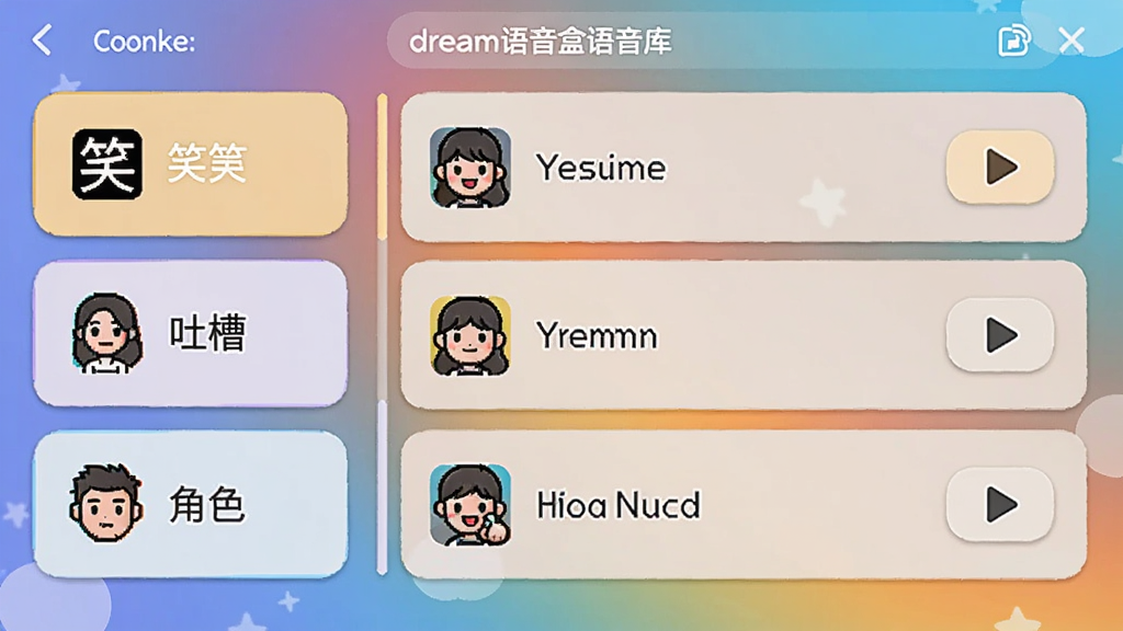 搞笑dream语音盒语音库界面,左侧分类列表(笑声、吐槽、角色),右侧显示具体条目和播放按钮,背景为渐变色,图标清晰。