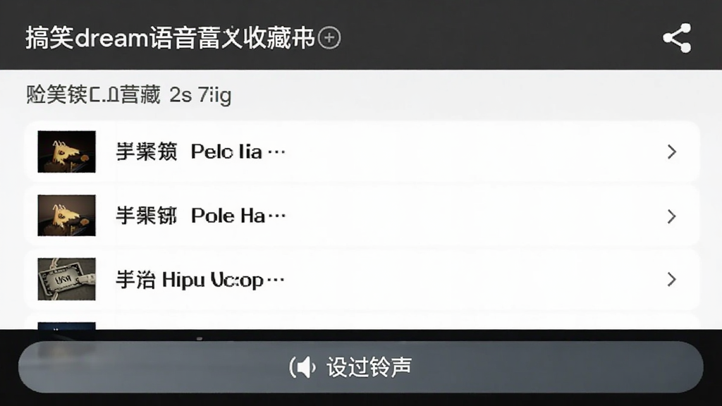 搞笑dream语音盒收藏夹页面,展示已收藏的语音列表,右上角有分享图标,底部有设为铃声选项。