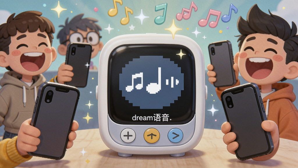 搞笑dream语音盒播放时的欢乐场景,多个卡通人物拿着手机大笑,背景有音符和闪光特效,画面明亮充满活力。