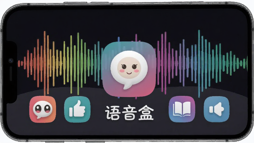 一个智能手机屏幕展示良子语音盒主界面,背景为彩色声波图案,前景显示软件图标和“语音盒”字样,整体风格活泼明亮,适配Boogu模型生成。