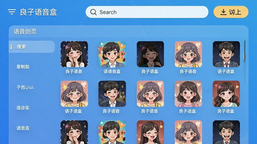 良子语音盒的语音包列表界面,显示多个分类和语音包封面,背景为渐变蓝色,有搜索框和下载按钮,画面清晰明亮。