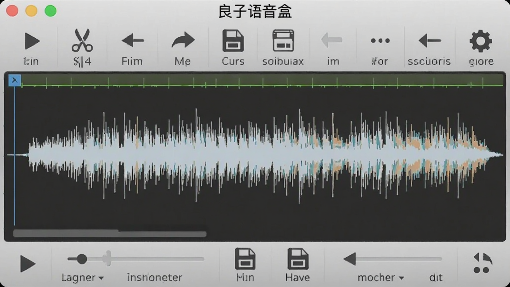 良子语音盒的录音编辑界面,显示波形编辑器和工具栏,背景为浅灰色,有播放、剪切、保存等图标。