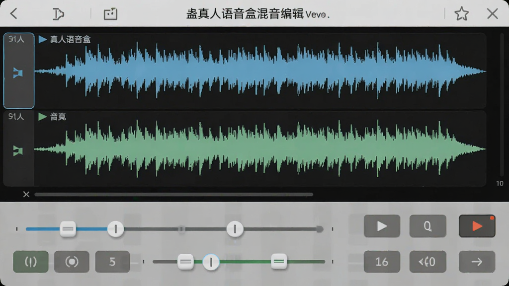 蛊真人语音盒混音编辑界面,上方两条波形轨道,下面有音量滑块和效果按钮,整体UI简洁清晰,适配Boogu模型生成。