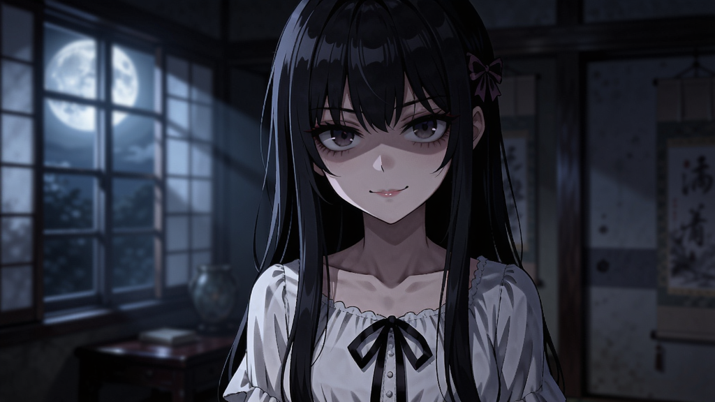 画面中央是一位黑长直少女,身着白色连衣裙,面带甜美微笑但眼神中透出偏执与占有欲,背景是略显昏暗的日式房间,窗外透进微弱月光。画面整体氛围诡异而浪漫,突出“注视着你”的压迫感。软件名称为《注视着你病娇模拟器(Eyes On You)》,构图以人物半身特写为主,背景柔和虚化。