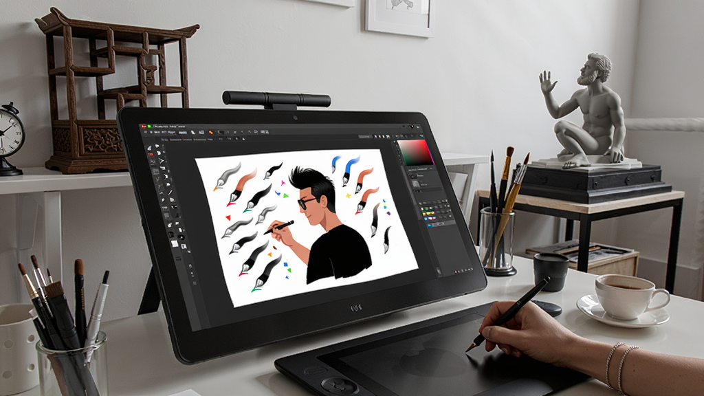 提示词:Adobe Fresco 2021绘画软件激活版,数字绘画软件,矢量笔刷与像素笔刷混合,电脑大屏界面,数位板绘图场景,背景为设计师工作室,博古模型生成