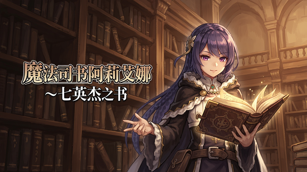 魔法司书阿莉艾娜 ~七英杰之书~(steam移植)游戏主界面预览,阿莉艾娜站在巨大书架前,手中展开一本发光的书,背景是华丽图书馆,暖色调,2D手绘风格,细节丰富,光照柔和