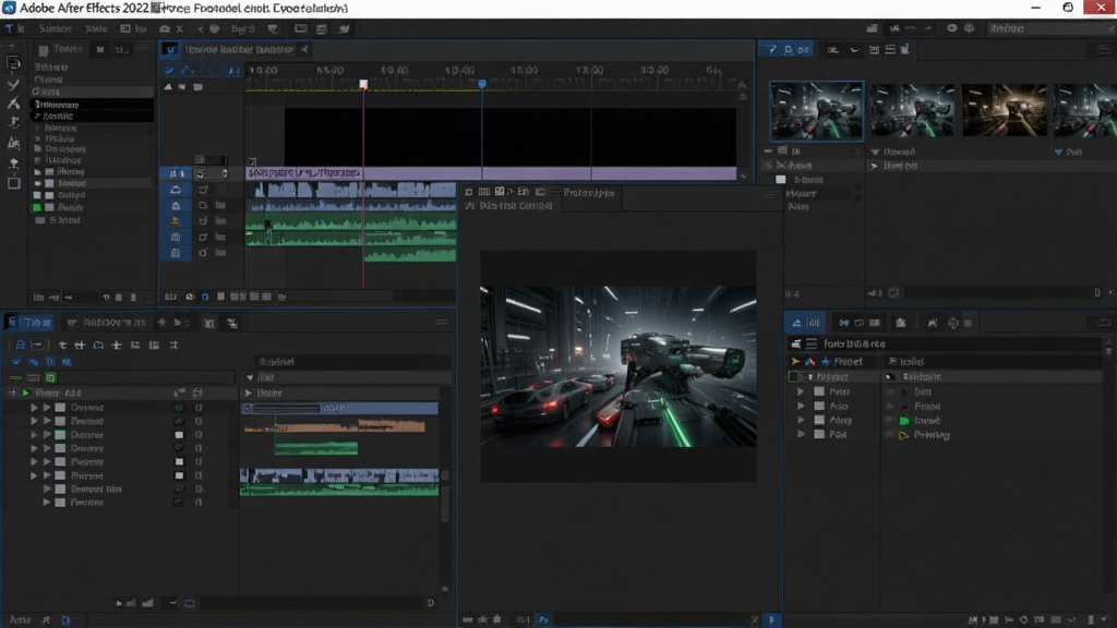 Adobe After Effects 2022破解版,主界面时间线面板与特效控制台,背景为深色UI,前景显示合成预览窗口,整体风格专业科技,4K画质
