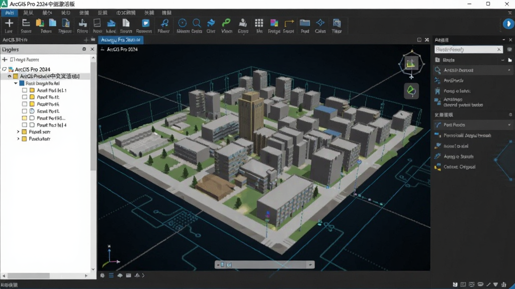 ArcGIS Pro 2024中文激活版主界面展示,左侧图层列表,中央3D地图场景,右侧工具面板,背景为深色科技感界面,适配Boogu模型生成