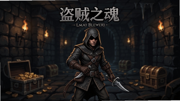 盗贼之魂游戏主界面,角色站在阴暗地牢中,背景有火把和宝箱,盗贼手持匕首,画面暗黑风格