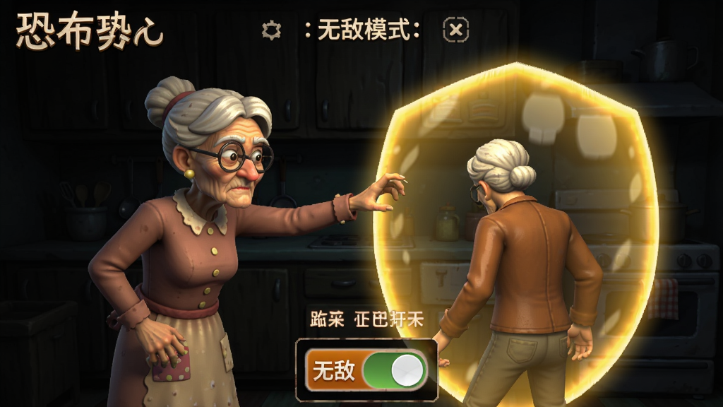恐怖奶奶(功能菜单)无敌模式预览图,主角站在奶奶面前,奶奶伸手抓但主角身上闪烁金色护盾,背景是黑暗厨房,显示“无敌”开关已打开,画面清晰展现功能效果