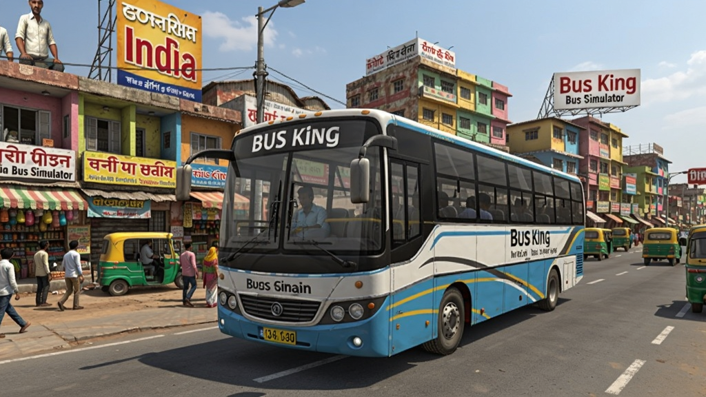 Bus King India Bus Simulator城市街景,一辆公交车在布满小店和人群的印度街道中穿行,背景有色彩斑斓的建筑和广告牌,画面充满生活气息,光线明亮
