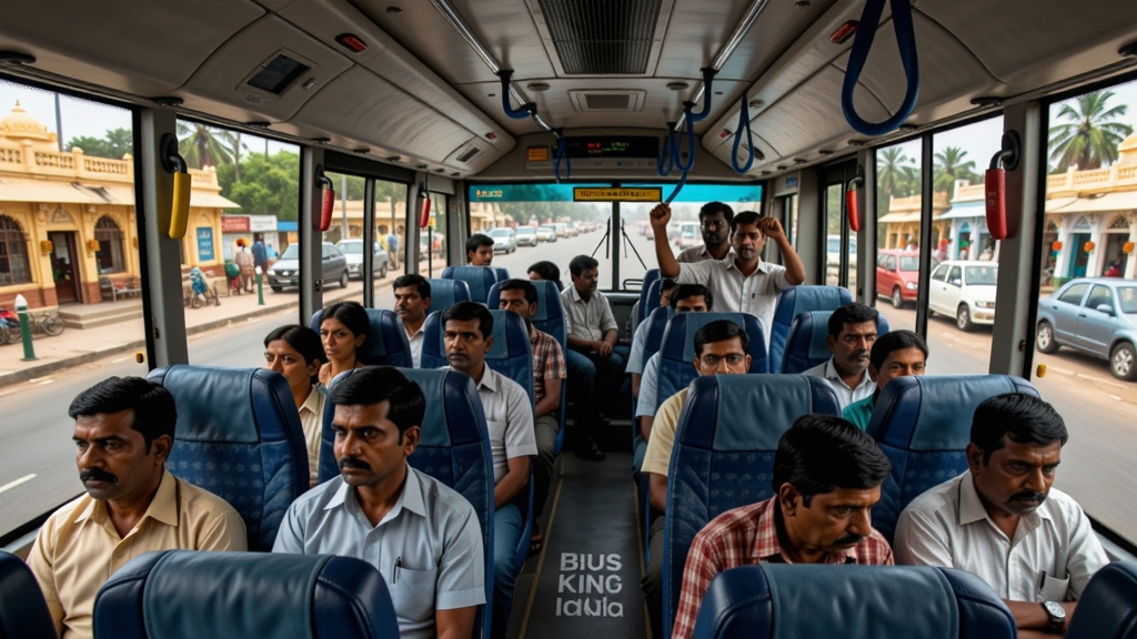 Bus King India Bus Simulator公交车内视角,乘客坐在座位上,有的站着,车窗外的印度街景清晰可见,乘客表情各异,画面展示车内细节和氛围