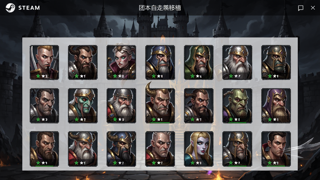 团本自走棋(steam移植)英雄阵容界面,展示多个不同种族英雄头像,背景为暗色城堡,UI简洁清晰,适合展示游戏移植效果。