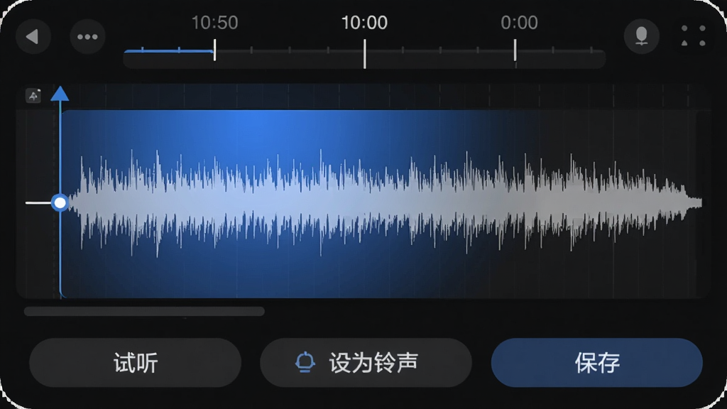 爱上雷神语音盒音频编辑界面,展示波形编辑区域,蓝色选中片段,下方有“试听”“设为铃声”“保存”按钮,上方显示时间轴,背景深色,操作控件圆角设计,适配手机竖屏