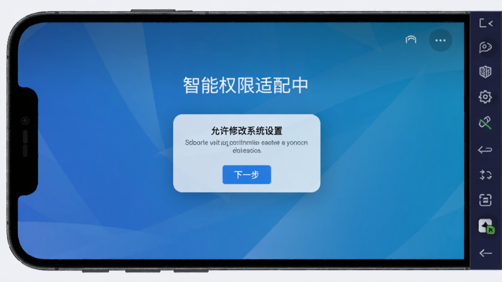 爱上雷神语音盒权限引导界面,手机模拟器上显示系统弹窗“允许修改系统设置”,下方有“下一步”按钮,背景为蓝色渐变,配文字“智能权限适配中”,画面简洁清晰