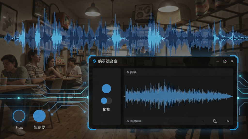 鸽哥语音盒降噪功能示意图,背景显示嘈杂环境中的声波图,软件界面显示降噪开关,人声波形清晰,背景噪音被抑制,科技感蓝色线条。