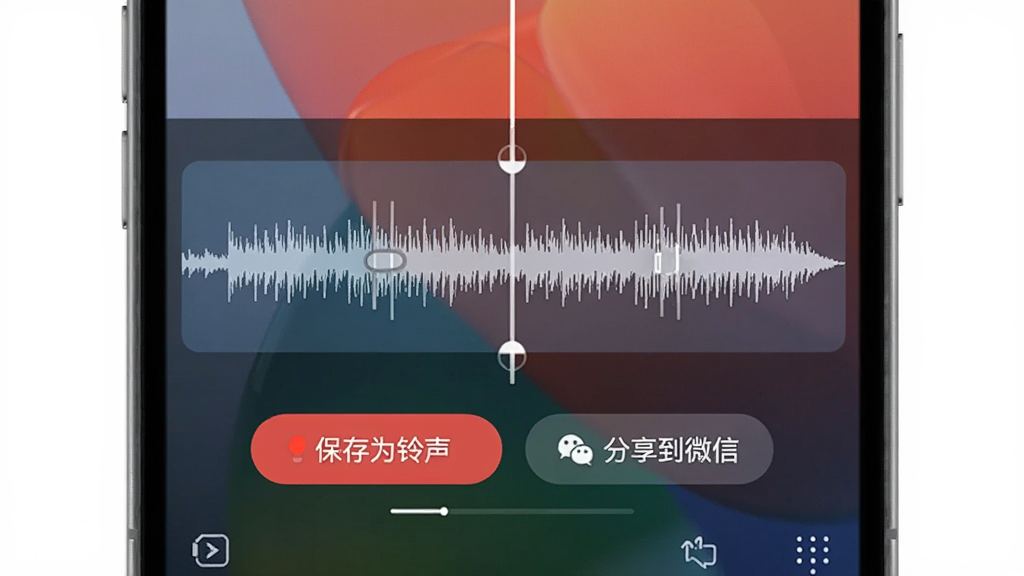 手机屏幕显示录音编辑界面,波形上有裁剪标记,底部有“保存为铃声”、“分享到微信”按钮,背景是渐变色,整体界面简洁明快,适配Boogu模型生成。