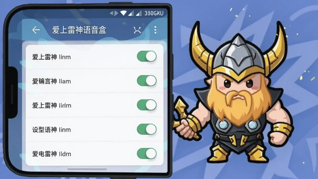 一张安卓手机屏幕上显示“爱上雷神语音盒”设置界面,各项开关排列整齐,背景有雷神卡通图标,整体风格清爽,适配Boogu模型生成。