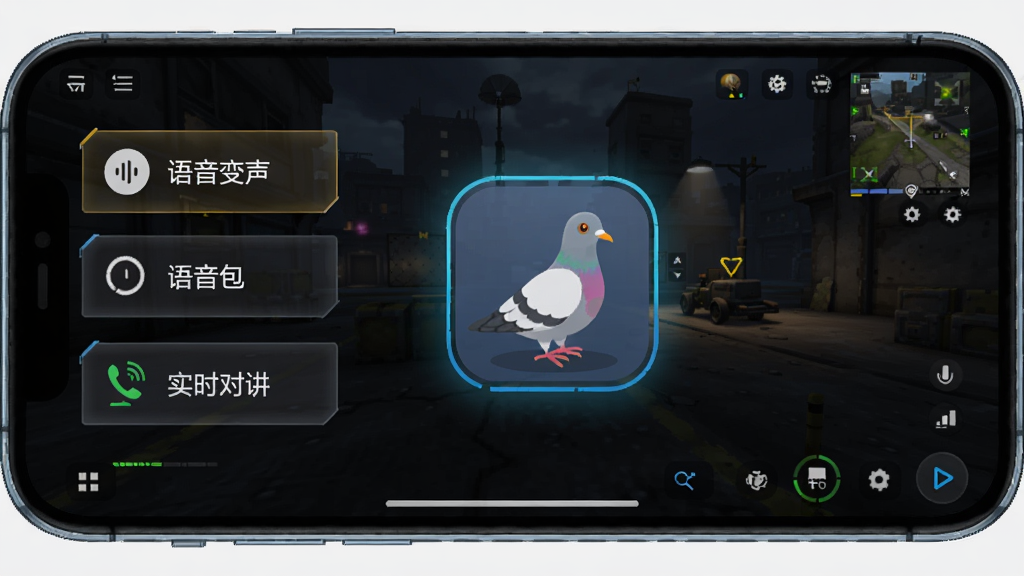 鸽哥语音盒软件主界面,手机屏幕内显示功能列表:语音变声、语音包、实时对讲,背景为游戏暗区突围场景,画面中心一只鸽子图标,色彩明亮,科技感UI设计,适配Boogu模型生成