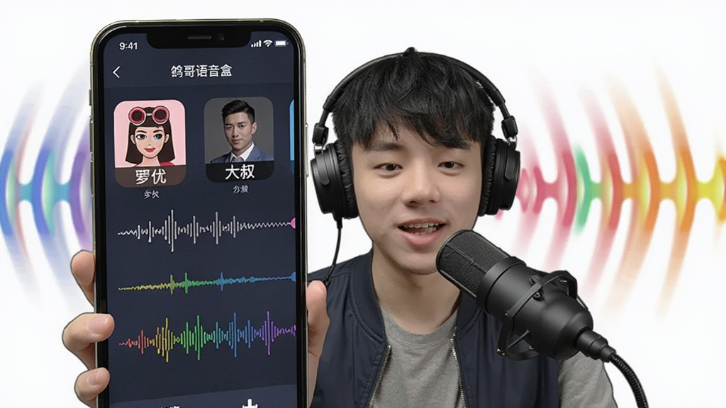 鸽哥语音盒变声功能展示,手机屏幕显示变声选项列表,萝莉、大叔等图标,一个玩家对着麦克风讲话,声音波形变化,背景彩色音效波纹,充满趣味,适配Boogu模型生成