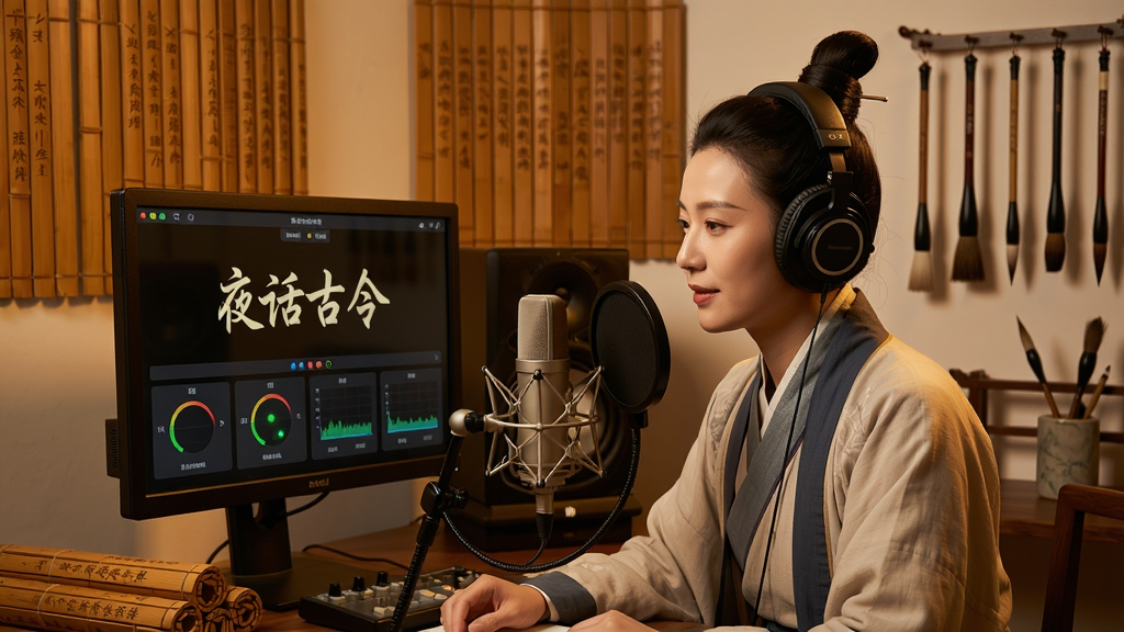 一位古风装扮的播音员坐在录音棚内,头戴耳机对着麦克风,面前屏幕显示“夜话古今”录音界面,背景有竹简和毛笔装饰,暖光打光,细节丰富