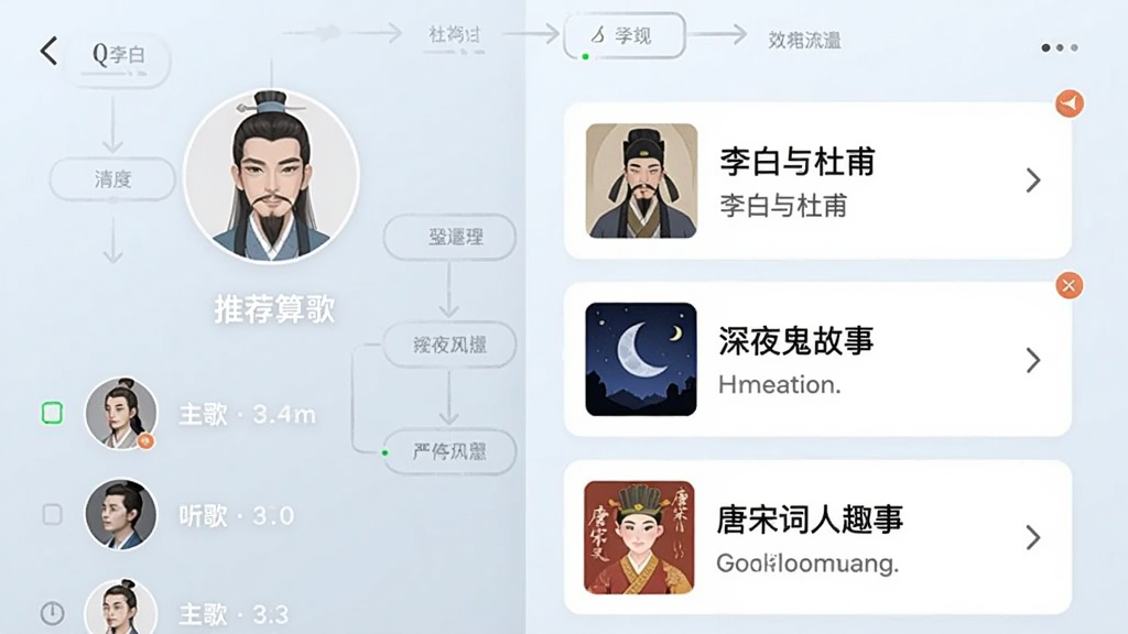 手机界面截图效果,左侧是用户头像和听歌记录,右侧推送列表中有“李白与杜甫”“深夜鬼故事”“唐宋词人趣事”等卡片,背景有推荐算法流程图抽象元素,明亮简洁
