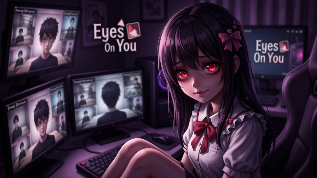 A visually striking digital art scene of the game Eyes On You, a yandere simulator. The main character is a cute but unsettling anime-style girl with dark hair and red eyes, sitting in a dimly lit room surrounded by screens showing various camera feeds of the player's POV. The atmosphere is tense yet romantic, with a mix of pink and dark purple hues. In the background, a computer monitor displays the game title 'Eyes On You'. The art style is semi-realistic anime, high detail, dramatic lighting, cinematic composition.