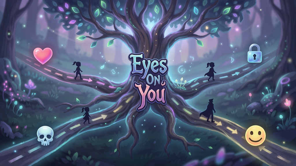 A branching path visual showing a glowing tree with multiple forked roads, each leading to a different ending icon (heart, skull, lock, smile). The center of the tree has the game logo 'Eyes On You'. The style is surreal fantasy, soft neon colors, mystical atmosphere, with small character silhouettes on each branch.