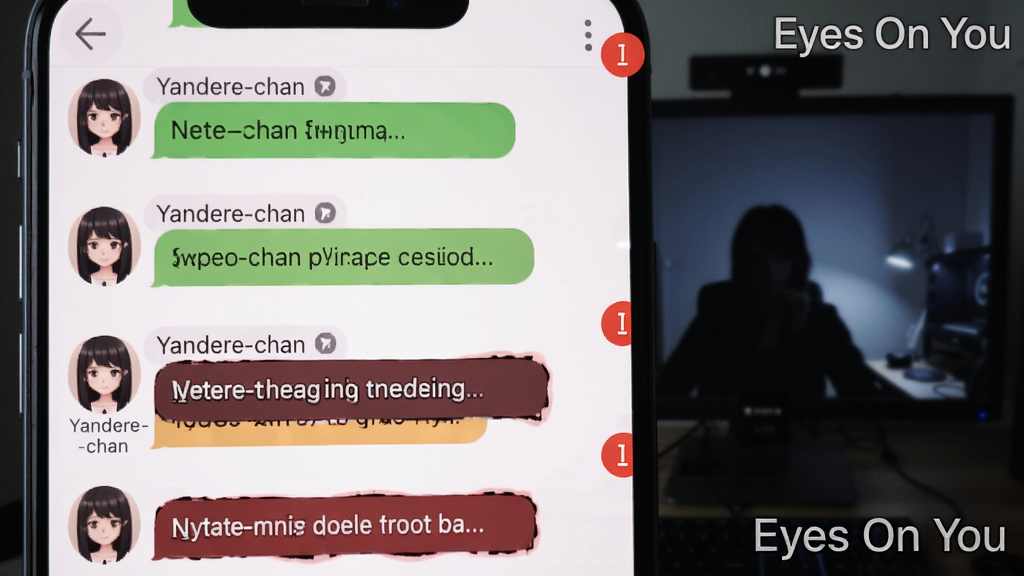 A first-person perspective screenshot-like image showing a smartphone interface with multiple chat bubbles from a girl named 'Yandere-chan'. Some messages are normal, some are threatening. In the background, a blurred computer webcam view shows a dark room with a silhouette. The UI is modern, with red notification badges. Game title 'Eyes On You' appears as a watermark.