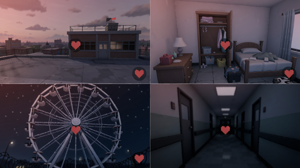A collage of four different game scenes from Eyes On You: a school rooftop at sunset, a messy bedroom with a closet ajar, a ferris wheel at night, and a creepy hospital corridor. Each scene has a small heart icon indicating collectibles. The overall tone is romantic-horror, with soft pink and dark blue gradients.