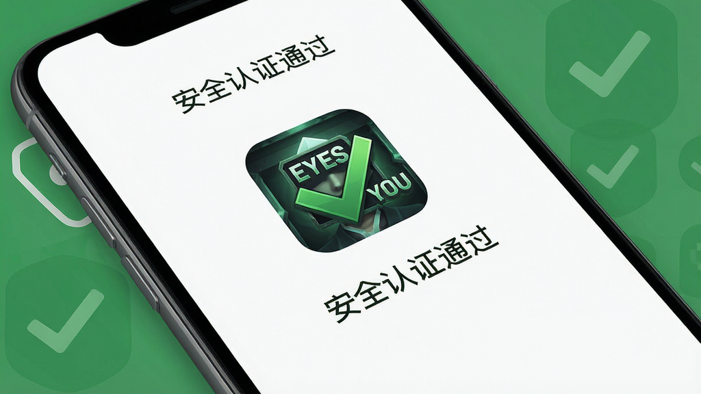 A realistic smartphone screen showing a security scan result with green checkmark, overlaid with the game icon of Eyes On You. Background is a clean white interface with the text '安全认证通过'. Minimalist style, flat design, green and white color scheme.