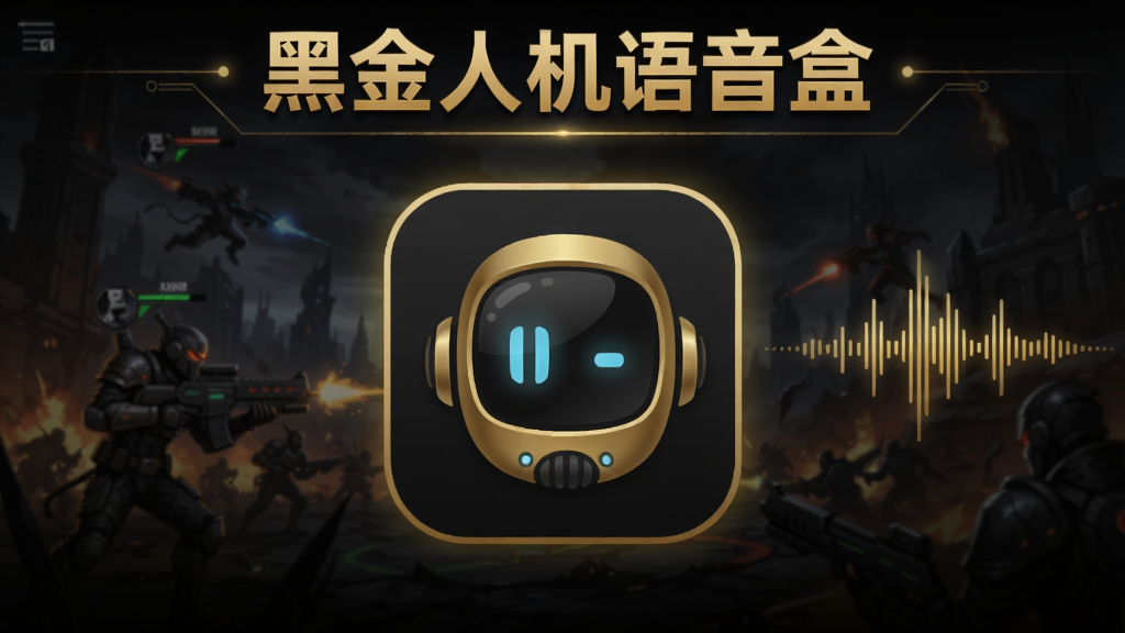 黑金人机语音盒主界面预览图,画面中央是软件图标,背景为暗色游戏战场风格,顶部显示“黑金人机语音盒”字样,右侧有语音波形动态效果,整体科技感与游戏氛围融合,适配Boogu模型生成。