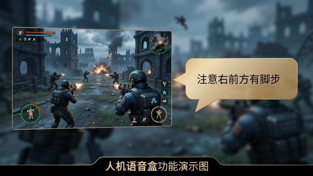 黑金人机语音盒功能演示图,画面左侧显示游戏场景截图,右侧浮现语音气泡,气泡内文字“注意右前方有脚步”,背景为模糊的战场,整体色调偏冷,突出语音交互功能,软件名称置于底部。