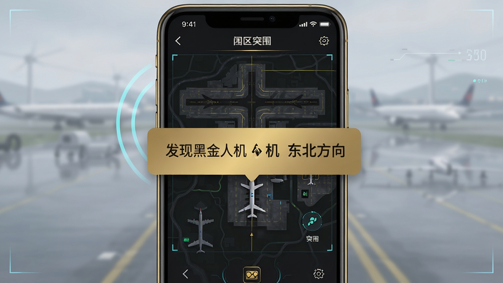 黑金人机语音盒智能识别演示图,手机屏幕上弹出“发现黑金人机 东北方向”文字提示,背景为暗区突围机场地图,界面简洁明快,文字清晰,细节丰富。