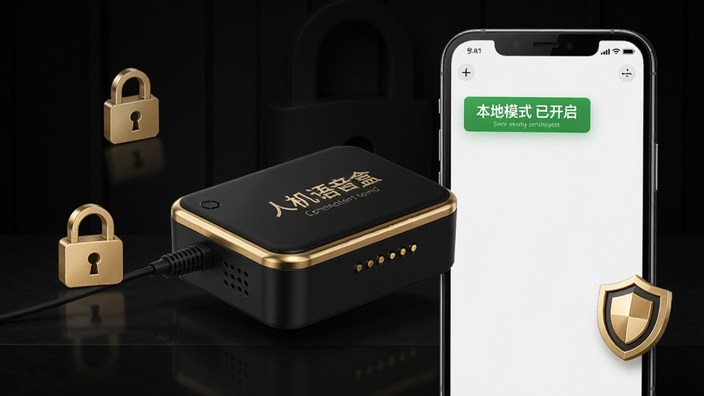 黑金人机语音盒离线运行示意图,手机界面显示“本地模式 已开启”绿色标签,周围有锁形图标与盾牌标识,背景暗色,突出安全可靠。