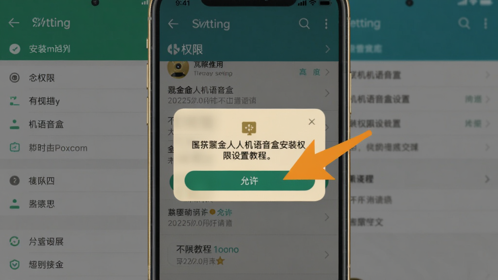 黑金人机语音盒安装权限设置教程截图,手机屏幕显示权限申请弹窗,箭头标注“允许”按钮,背景为系统设置界面,步骤清晰。