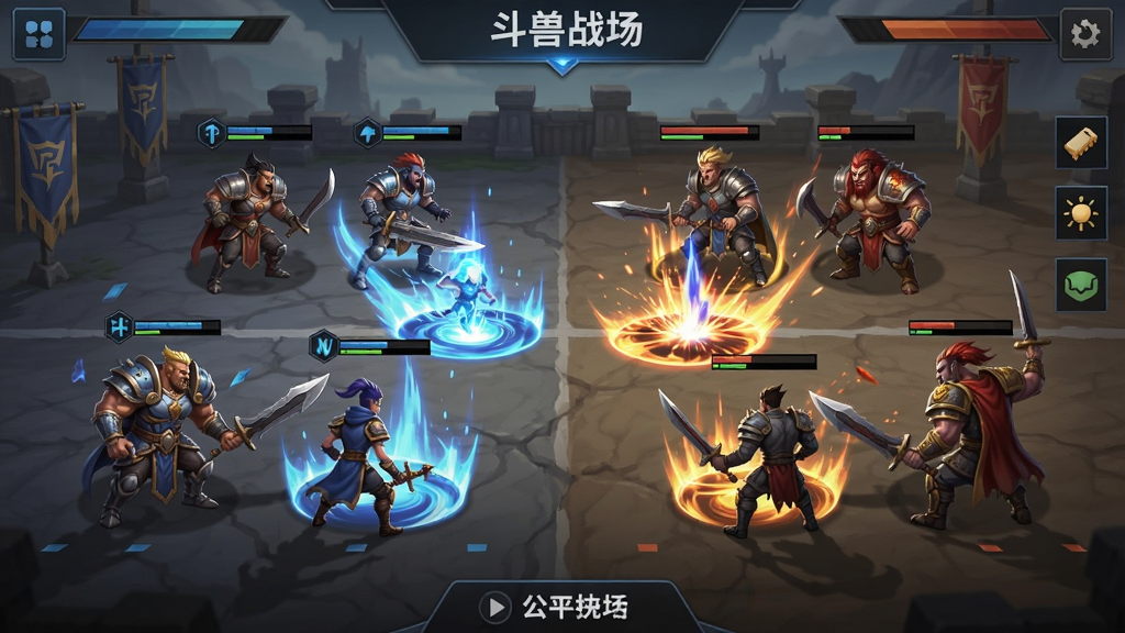 ����ս��ʵʱ��ս���棬˫��������ս���϶��ţ�������ЧѤ�ã�UI��࣬ͻ��������Χ�͹�ƽ��