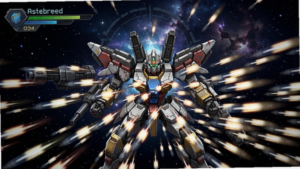 Astebreed 游戏主界面 机甲战斗 弹幕密集 背景星空 画面中心 机甲 前方密集弹幕 左上角分数 HUD