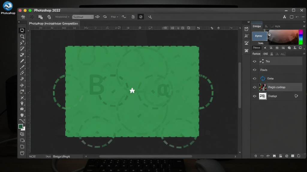 photoshop 2022绿色精简版, 电脑桌面操作界面,主体为软件主窗口,左侧工具栏,右侧图层面板,背景为暗色工作环境,适配Boogu模型生成