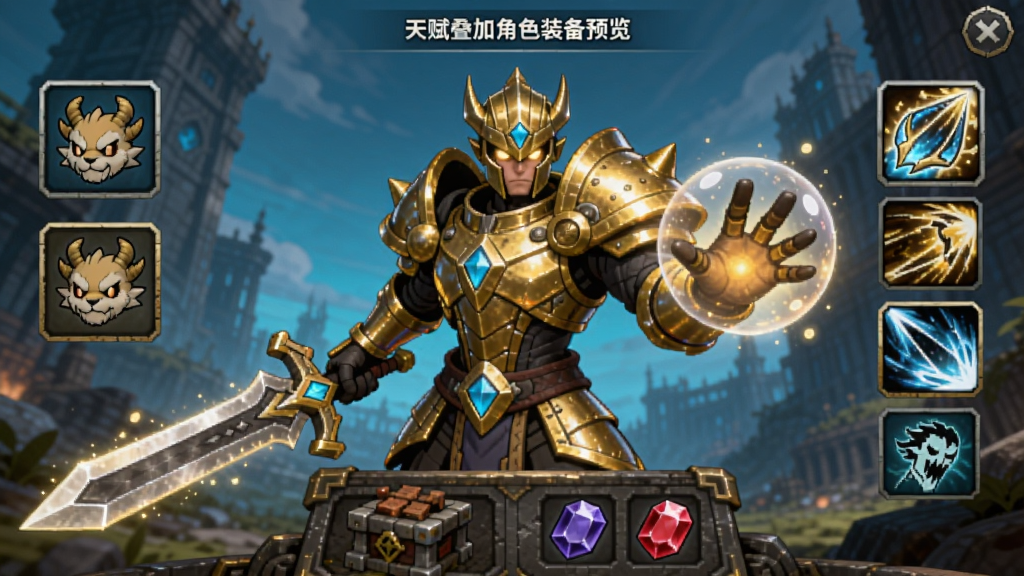 我的天赋无限叠加角色装备预览,角色身穿金色铠甲,左手持剑,右手释放光球,左右两侧分别显示宠物图标和技能槽,界面下方有锻造台和宝石镶嵌入口,色彩明亮