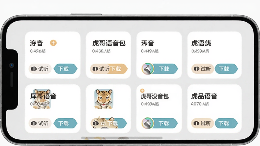 虎哥语音包列表界面,显示多个语音包卡片,每个卡片有名称、试听按钮和下载按钮,背景为浅灰色,手机屏幕展示清晰,色彩柔和,适配Boogu模型。