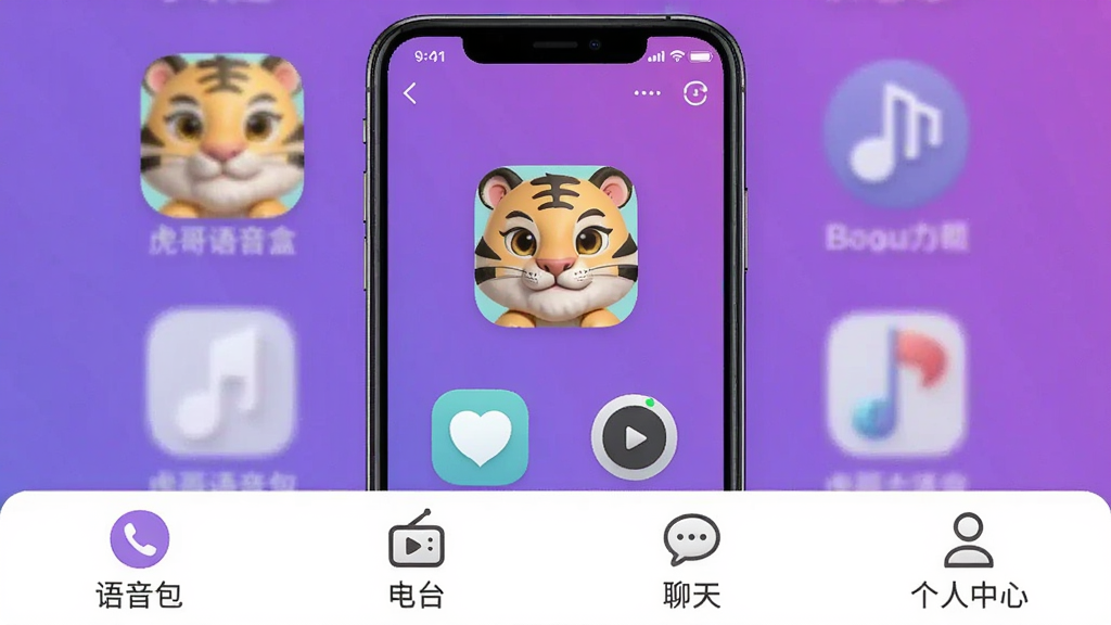 虎哥语音盒主界面截图,展示底部导航栏有语音包、电台、聊天、个人中心四个标签,背景为渐变紫色,手机居中,界面清新,图标清晰,适合Boogu模型生成。