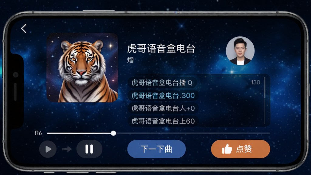 虎哥语音盒电台播放界面,显示当前节目封面、节目名称、主播头像、弹幕滚动区域,底部有暂停、下一曲、点赞按钮,背景为深蓝色星空,手机界面精致。