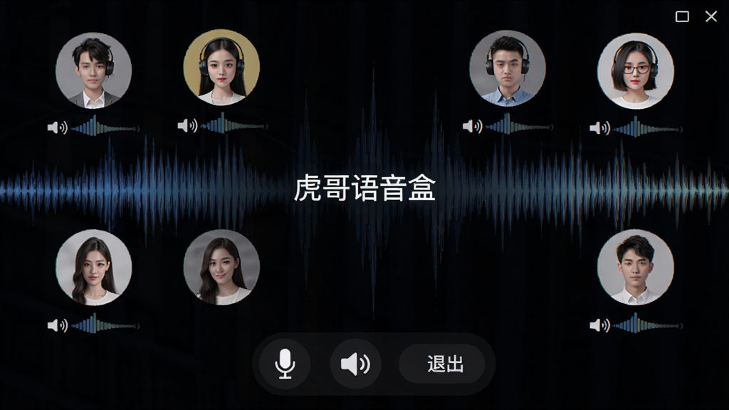虎哥语音盒多人语音房间界面,显示多个用户头像环绕排列,每个头像下方有音量条波动,中间显示房间名称,底部有麦克风开关、扬声器开关、退出按钮,背景为动态声波纹。
