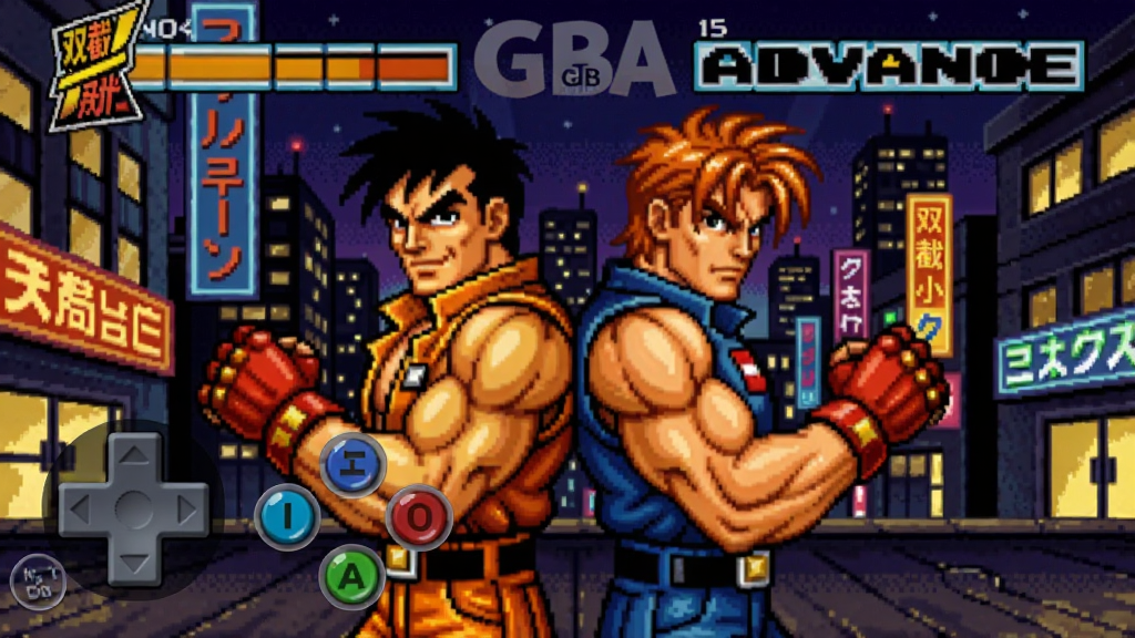 双截龙Advance(GBA移植)主界面预览图,画面中央是比利和吉米背靠背站立,背景为城市夜景霓虹灯,左下角显示虚拟摇杆与动作按钮,色调复古暖黄,像素风格清晰
