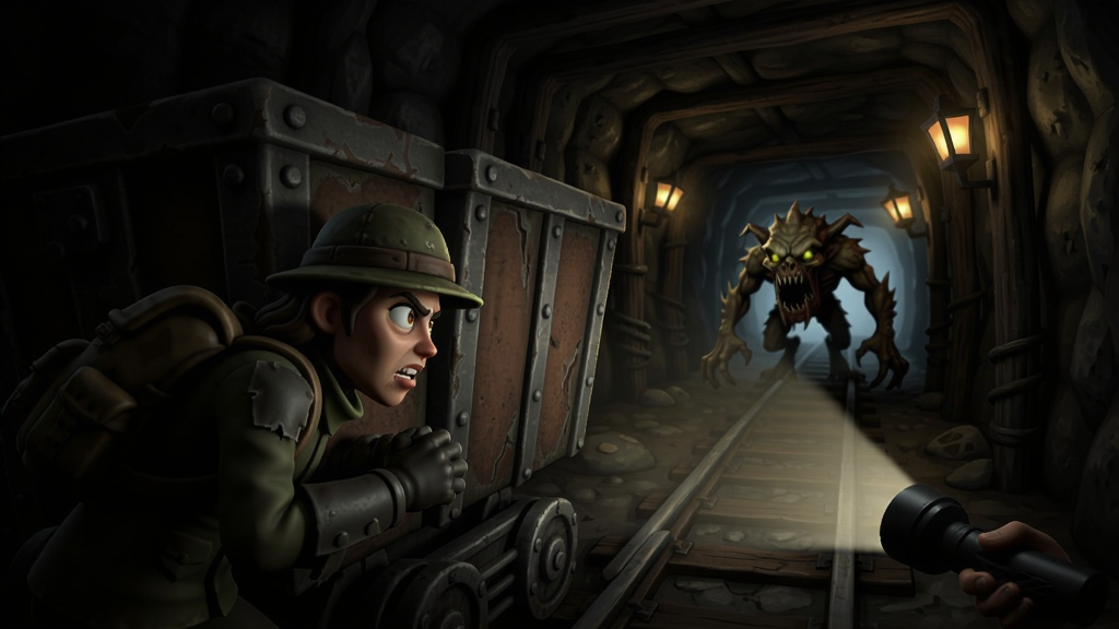 地下矿井恐怖逃生潜行生存,角色躲在矿车后面,前方怪物经过,手电筒关闭,环境昏暗,紧张氛围,Boogu模型