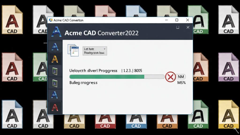 Acme CAD Converter2022官方正式版,主体是一个打开状态的文件转换窗口,背景是多种CAD格式图标,画面中央显示批量转换进度条,整体简洁专业,适配Boogu模型