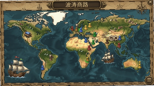 波涛商路游戏主界面,展示商业地图和策略棋子,背景为航海图,适合Boogu模型生成