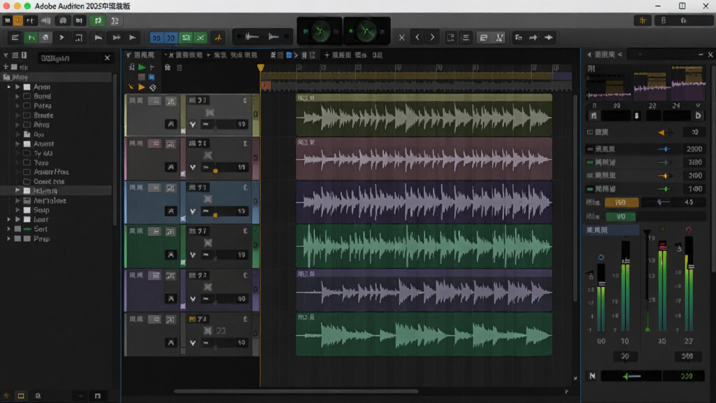 提示词:Adobe Audition 2026中文直装版主界面,多轨道音频波形显示,背景是深色专业音频工作站,画面中央是波形编辑区域,左侧为文件浏览器,右侧为效果控制面板,适配Boogu模型生成。