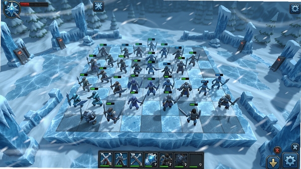 冻结之地游戏主界面,冰霜战场,战棋棋盘,兵种单位,暴风雪特效,全景视图,色彩以蓝白为主